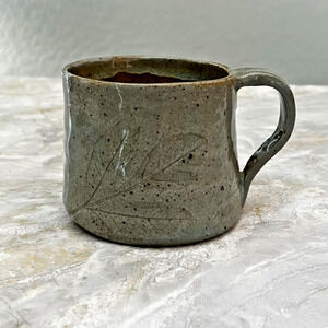 Art Studio Pottery Mug Stoneware Speckled Glaze Signed Leaf Motif Handmade